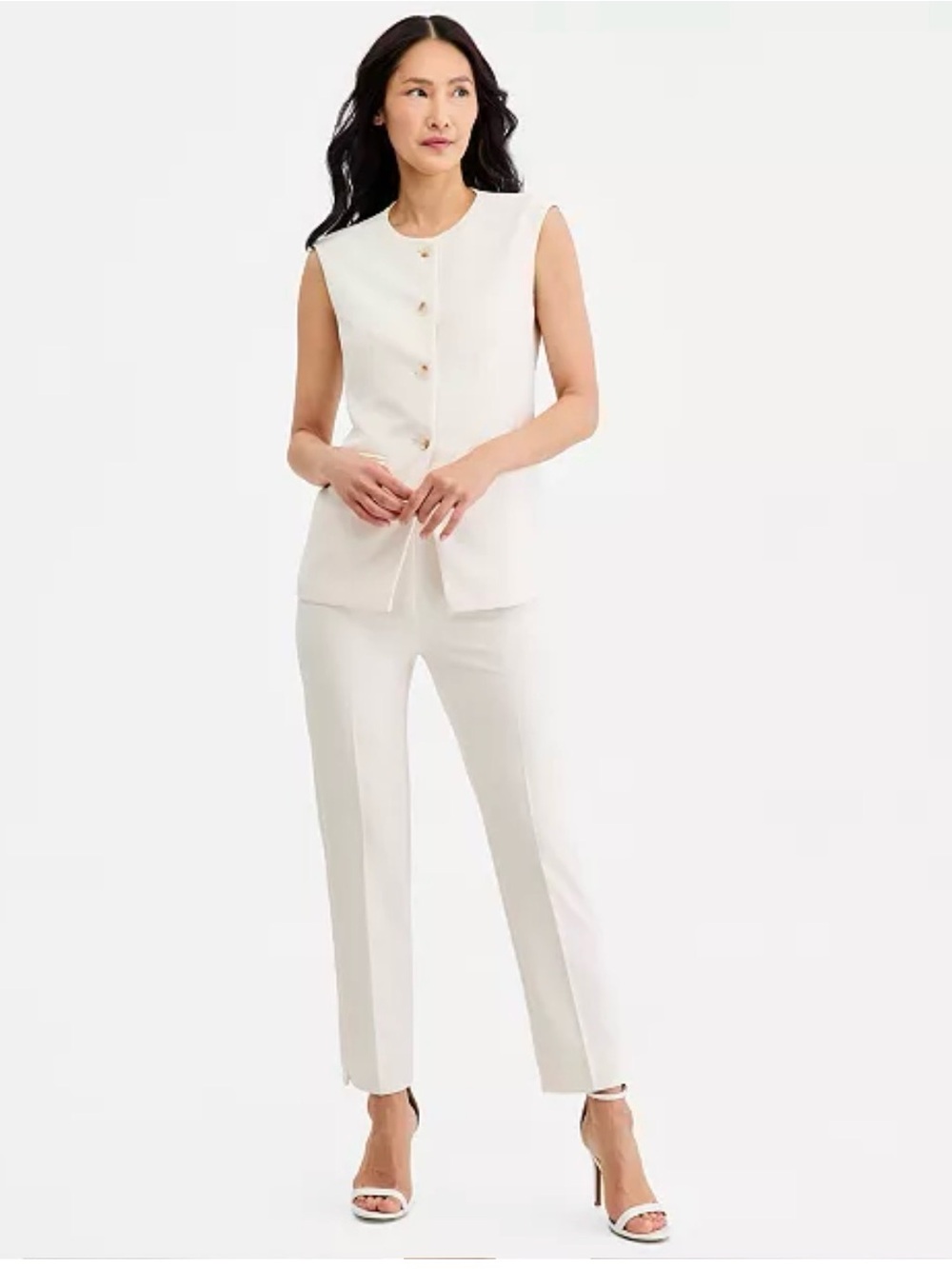 Anne Klein Sleeveless Tailored Pantsuit in White Dove
